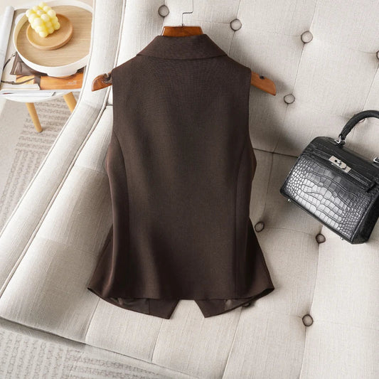 Brown Suit Vest for Women Spring and Autum Short Single-Breasted Slim Workplace Elegant Sleeveless Top Jacket