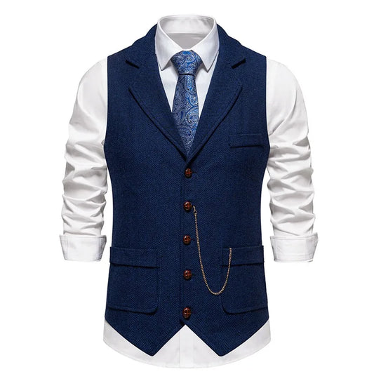 Men's Herringbone Tweed Waistcoat Formal Vest Vintage Lapel with Chain Detail