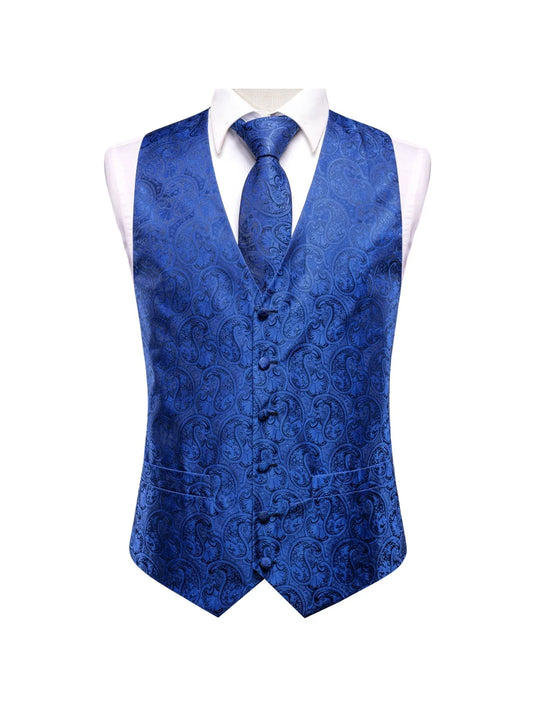 Men's Waistcoat Set Double Breasted Paisley Print Royal Blue Wedding Formal 3-Piece