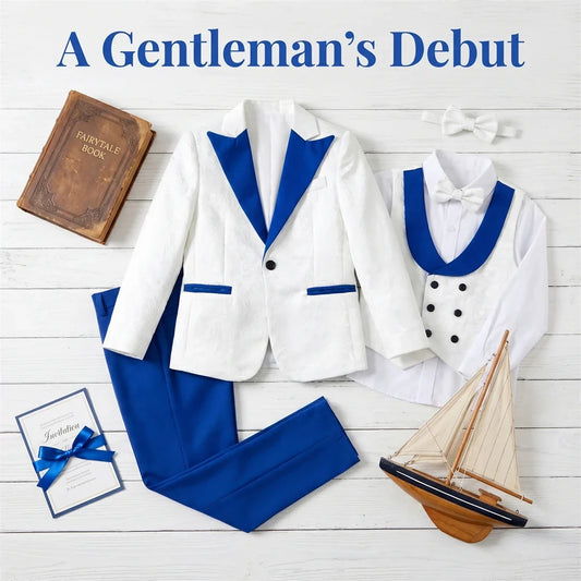Boy's Jacquard Suit for Formal Occasion, Wedding Ring Bearer Suits, Luxury 5-Piece Set Jacket Vest Pants Bowtie & Tie