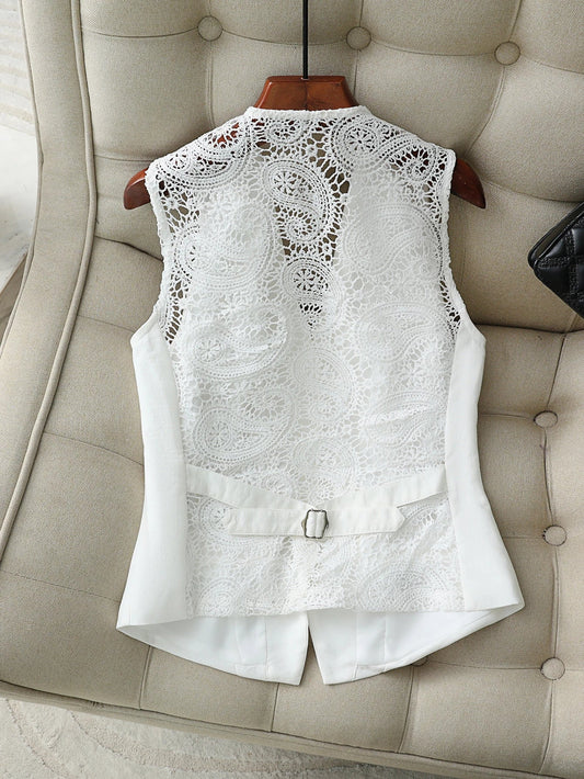 Women's Elegant Lace White Suit Vest, Sleeveless V-Neck Button Down Waistcoat, Tailored Fit for Office and Dressy Occasions