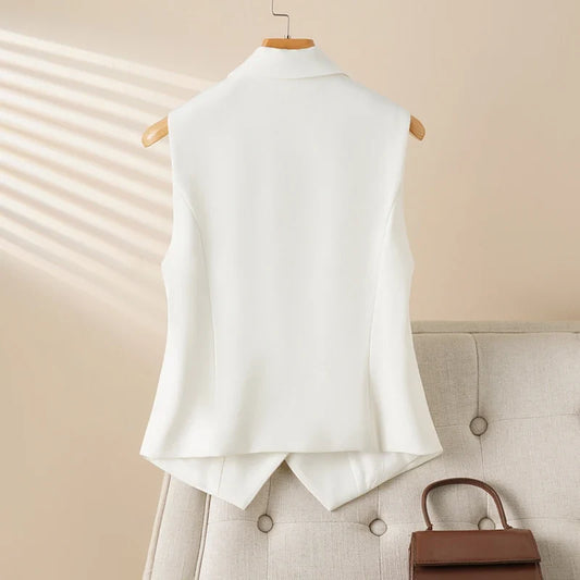 Fashionable White Short Suit Collar Vest for Women, Spring & Fall Style, Workplace Elegant, Slim and Versatile Sleeveless Vest t
