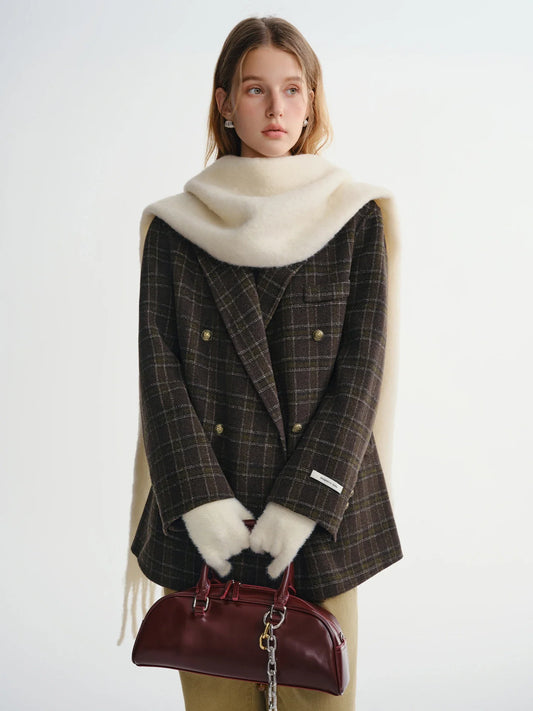 Plaid Double-faced Camel Hair Wool Blazers Coat Winter Straight Shoulder Jacket Vintage British Style Temperament Commuter
