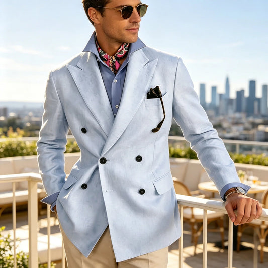 Men's Summer Linen Blazer Double Breasted Slim Fit Business Casual Suit Jacket Formal Coat For Wedding Party Office Daily Wear