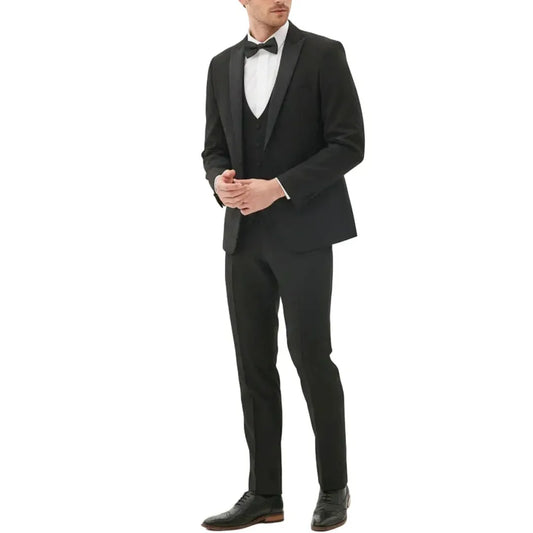 Men Suit Black 3 Pieces Single Button With Bright Lapel For Wedding Groom Party Birthday Banquet Business Work Jacket Vest Pants