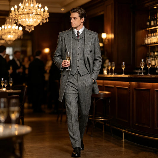 Men Vintage Herringbone Tweed 3 Piece Suit Double Breasted Overcoat Vest Pants Wedding Busines British Style Wool Blend Suit Set