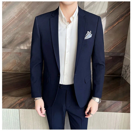 Men's Slim Fit Solid Color Two-Piece Suit Set for Wedding & Formal Occasions