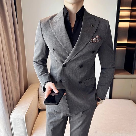 (Jacket+Pant) Fashion Double Breasted Design Men's Slim Fit Suits High Quality Italian Style Wedding Social Tuxedo Men Clothing