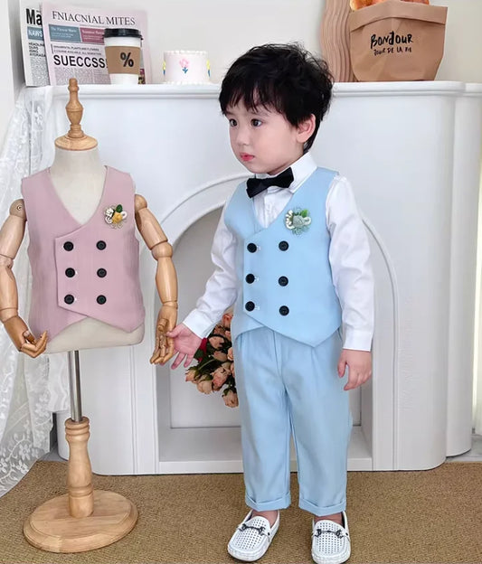 Boys' Korean Style Vest Set Flower Boys Wedding Suit Baby 1Years Birthday Photography Dinner Party Suit