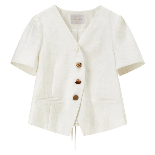Women's Short Sleeve Blazer 2026 Summer Lyocell Linen Simple Commuter Slim Fit Tops Ladies Office Wear Q62XC7391