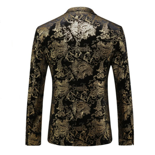 Men's Suit Jacket Black Gold Floral Applique Single Button for Wedding Party Performance