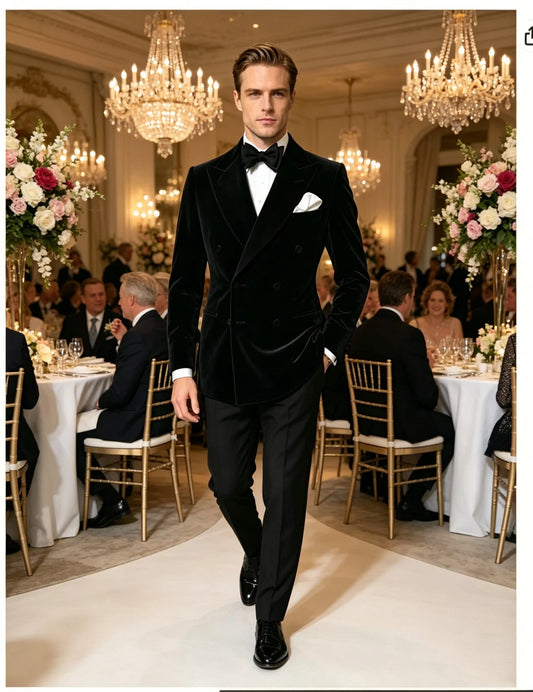 2 Piece Black Velvet Wedding Men Suits Slim Fit Peak Lapel Double Breasted Blazer Pants Formal Groom Tuxedos Prom Costume Homme