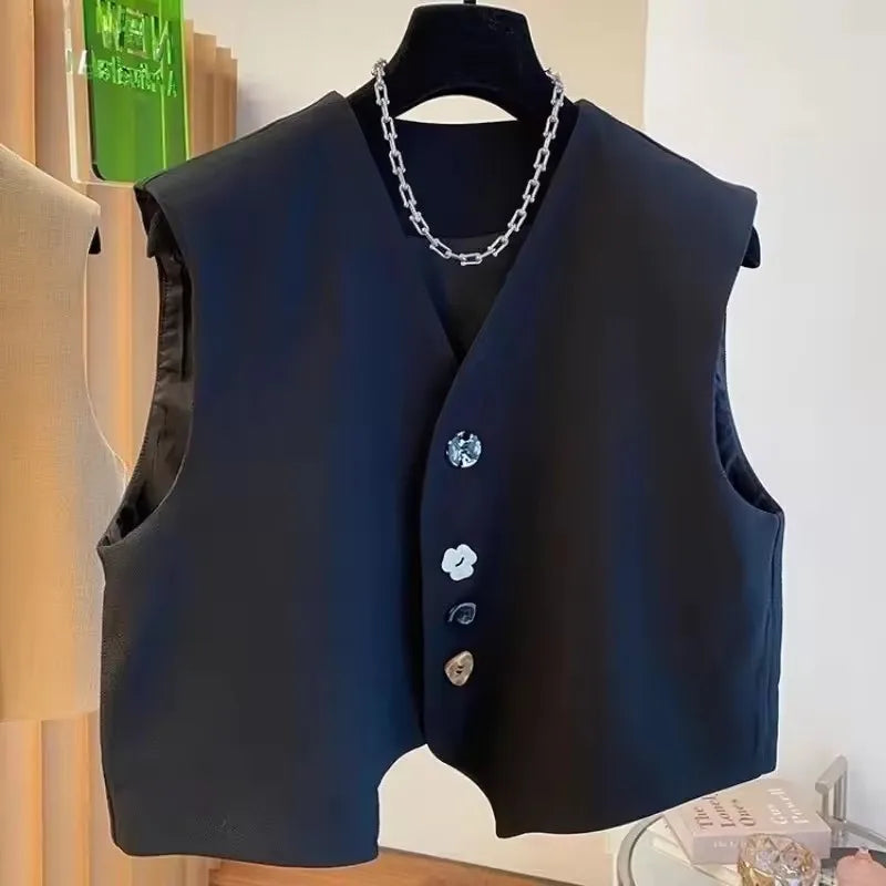 Fashion Irregular V-neck Suit Vests Tops Women 2025 New Summer Unique Buttons Solid All-match Sleeveless Waistcoats Female