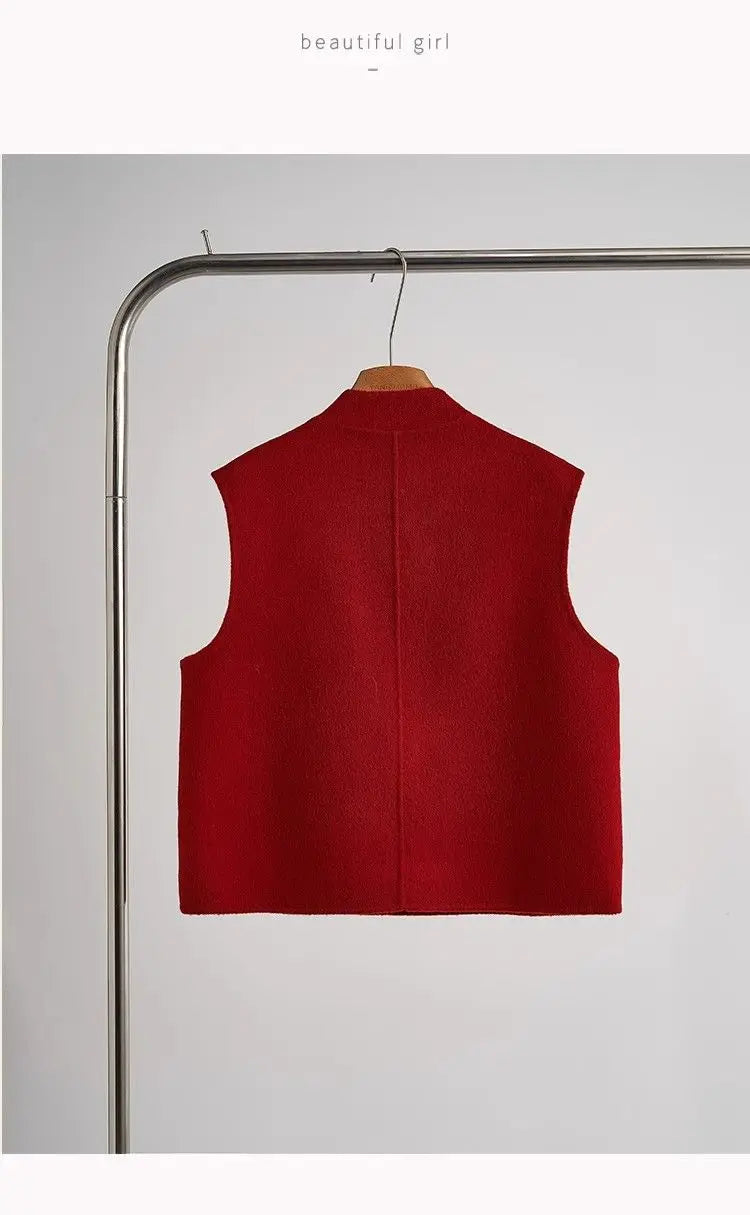 2025 Spring Chinese Style Red Vest Disc Buckle Sleeveless Vest Short Jacket Elegant Chic Women's Tweed Waistcoat