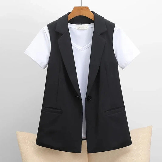 Autumn New Casual Lined Blazer Vest For Women Korean Loose Single Buckle Sleeveless Suit Coat Female Waistcoat Black Vest
