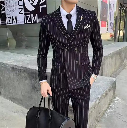 Men's Double-Breasted Suit Set Slim Fit Pinstripe Formal Wedding 2-Piece Blazer and Pant