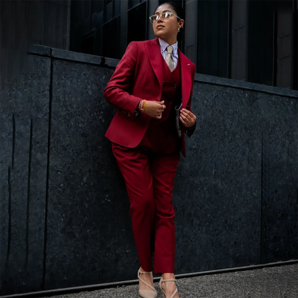 Powerful Women Red 3 Piece Suit Elegant Formal Office Fashion Dinner Party Set Single Breasted Professional Jacket+Vest+Pants