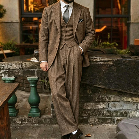 Retro Men's 3 Pieces Tweed Herringbone Suit Slim Fit Peak Lapel Wool Blend Dress Tuxedos For Wedding Groom (Blazer+Vest+Pants)