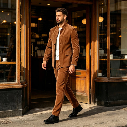 Men's Corduroy 2-Piece Suit – Mandarin Collar Single Breasted Blazer & Pants for Business & Formal Occasions