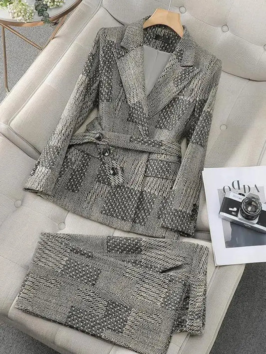 Women Elegant Button Long Sleeve Blazer Coat + High Waist Pant Two Piece Set Autumn Winter Vintage Gray Patchwork 2024 New Trend