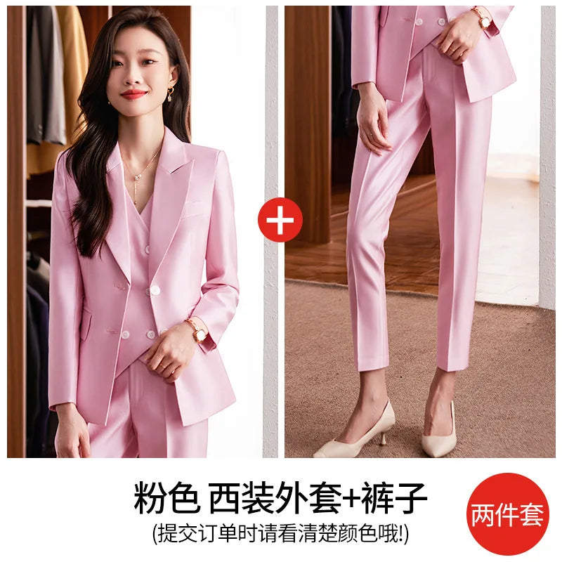 Fashion Elegant Pink High-End Small Business Suit Coat2022Autumn and Winter Elegant Vest Suit Three-Piece Korean Women's Clothin