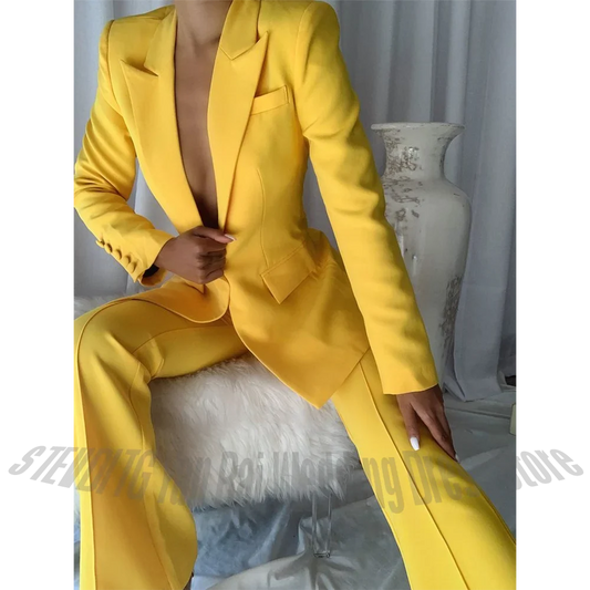 Bright Yellow Single Button Women Two Piece Set Slim Blazer Pants Solid Color Peak Lapel Suit Elegant Business Female Clothing