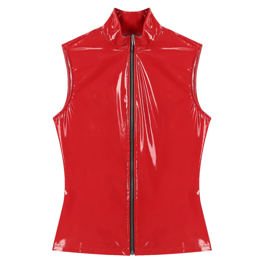 Adults Wet Look Sleeveless Waistcoat Women Fashion Zipper Vest Patent Leather Tops Vests Nightclub Clubwear Clubbing Costume