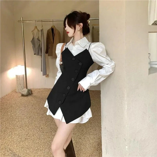 Autumn Women Solid Color Waistcoat Coat Design Sense Niche Lady Irregular Two-piece Set 2025 Female Medium Long Styles Vest 2PCS