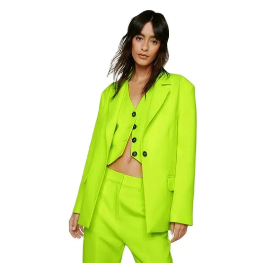 Bright Green Women Pants Set New Female Three Pieces(Blazer+Trousers+Vest) Conjuntos Para Mujeres 3 Piezas