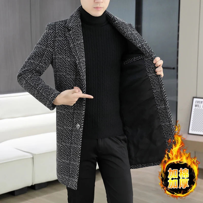 High-quality winter men's fashionable and stylish woolen overcoat, suit collar, mid-length windbreaker, woolen coat