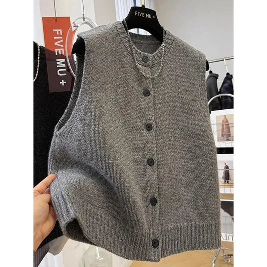 Women Fashion Round Neck Knitted Sleeveless Autumn Lady Solid Color Knitted Vest Coat Korean Femme High End Cardigan Sweater Top