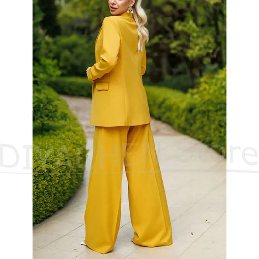 Women's Yellow Suit Set Fashion Loose Blazer with Wide Leg Pants Office Casual Wear Trendy Elegant Slim Fit Outfit Two Piece