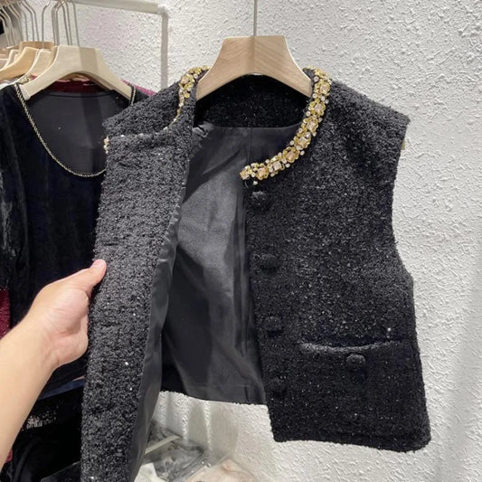 Elegant Diamond-studded Neckline Small Fragrance Vest 2025 New Femme Tweed Sleeveless Vintage Casual Waistcoat Trendy Basic Top