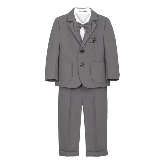 Kids Gray Jacket Vest Pants Bowtie Brooch 5Pieces Performance Costume Boys Formal Wedding Birthday Baptism Blazer Suit