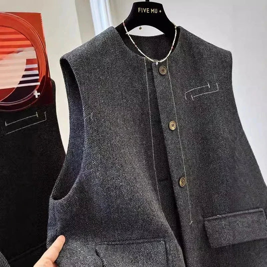 Spring Autumn Lady Fashion Sleeveless Jacket Women High End Casual Vest Outwear Korean Female Round Neck Cardigan Waistcoat Coat