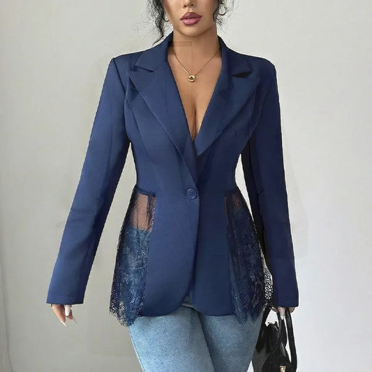 Women's Lace Trim A-Line Suit Jacket Color Block Slim Fit Waistcoat Style Polyester Fabric Princess Sleeve Collar Single...