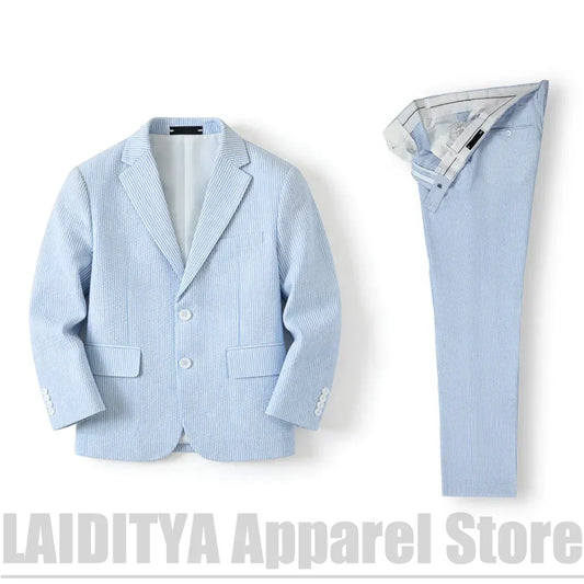 Fashion Striped Boys Single Breasted Two Piece Suit Notched Lapel Wear Kids Summer Wedding Page Boy Birthday Party Outfit