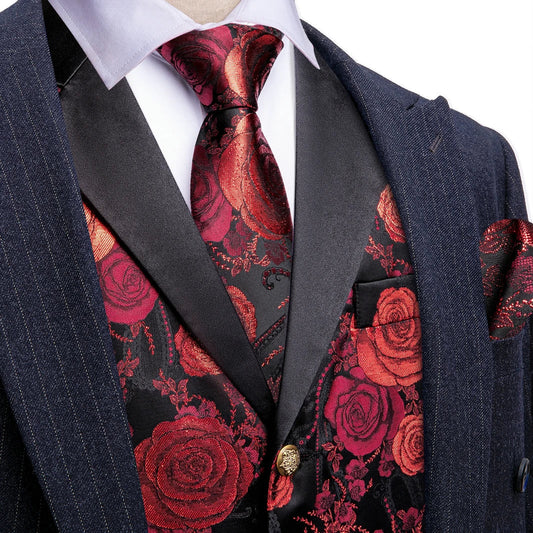 Men's Floral Jacquard Waistcoat 3-Piece Set – Red Notched Lapel Vest with Tie & Pocket Square for Weddings