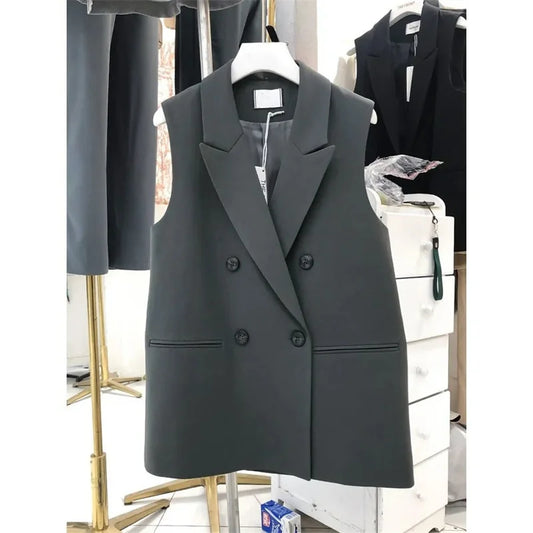 Casual Black Suit Coats Peak Lapel Sleeveless Vests Women Fashion Blazer OL 2025 Elegant Oversize Korean Style Blazer