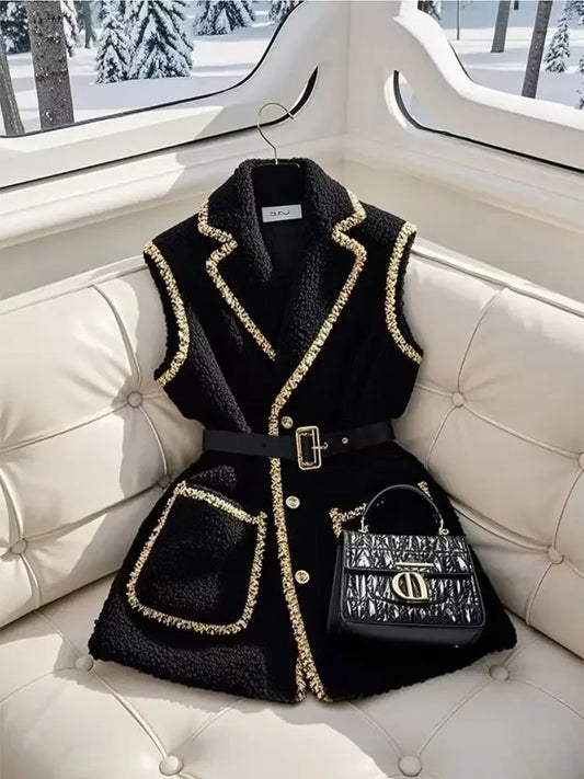 Elegant Women Black Lambhair Vest Coat Luxury Bright Silk Edging with Belt Sleeveless Blazers Vest New Spring Winter Outerwear