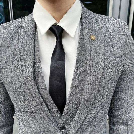Men's 3-Piece Slim Fit Striped Plaid Suit Set with Vest and Trousers – Wedding & Business