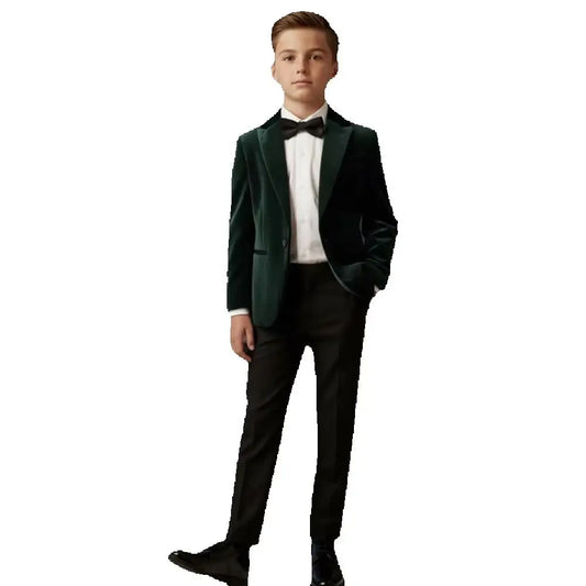 Fashion Boys Tuxedo Suit 2 Piece Chic Velvet Blazer with Black Pants Evening Wedding Prom Gala Page Boy Luxury Formal Outfit