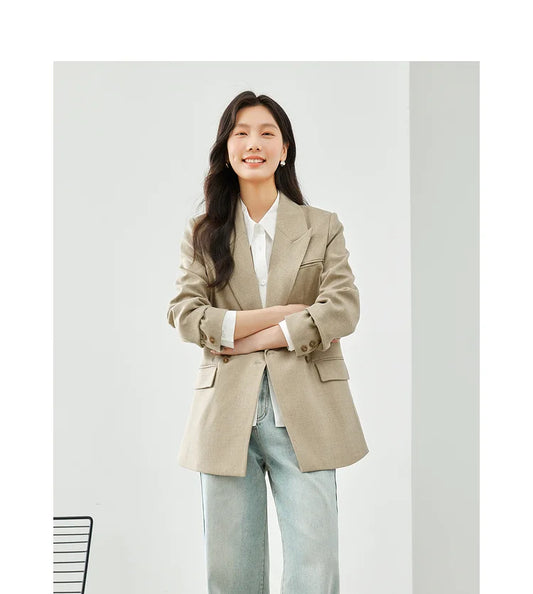 VIMLY Khaki Tailored Coat For Office Ladies 2026 Spring Notched Double Breasted Women Jacket Casual Business Outerwear M5180