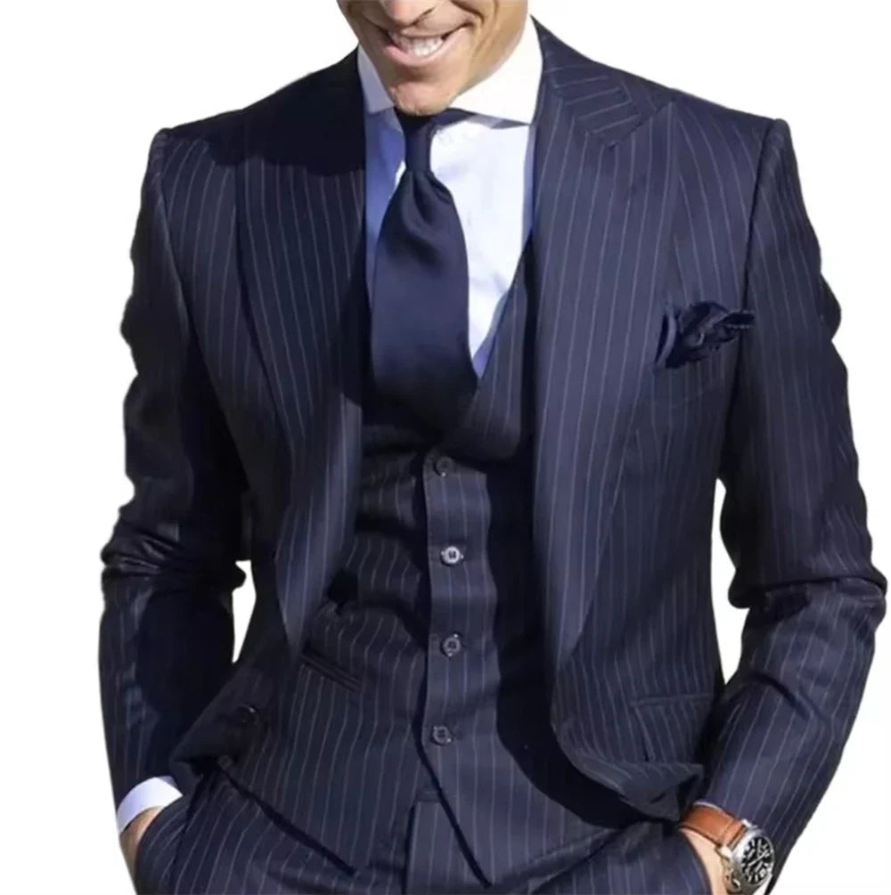 Men's 3-Piece Striped Suit for Wedding & Formal Occasions – Jacket, Pants & Vest