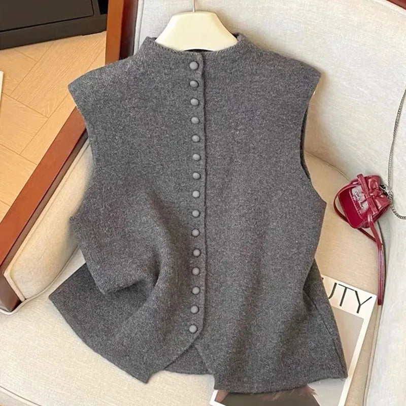 Autumn Winter Ladies Solid Color Knitting Vest Coat Korean Female high-end Stand Collar Sweater Women Fashion Knitted Sleeveless