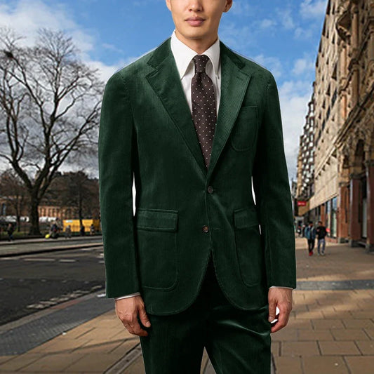 Men's Corduroy 2-Piece Suit – Classic Single Breasted Blazer & Pleated Pants for Wedding & Formal Occasions