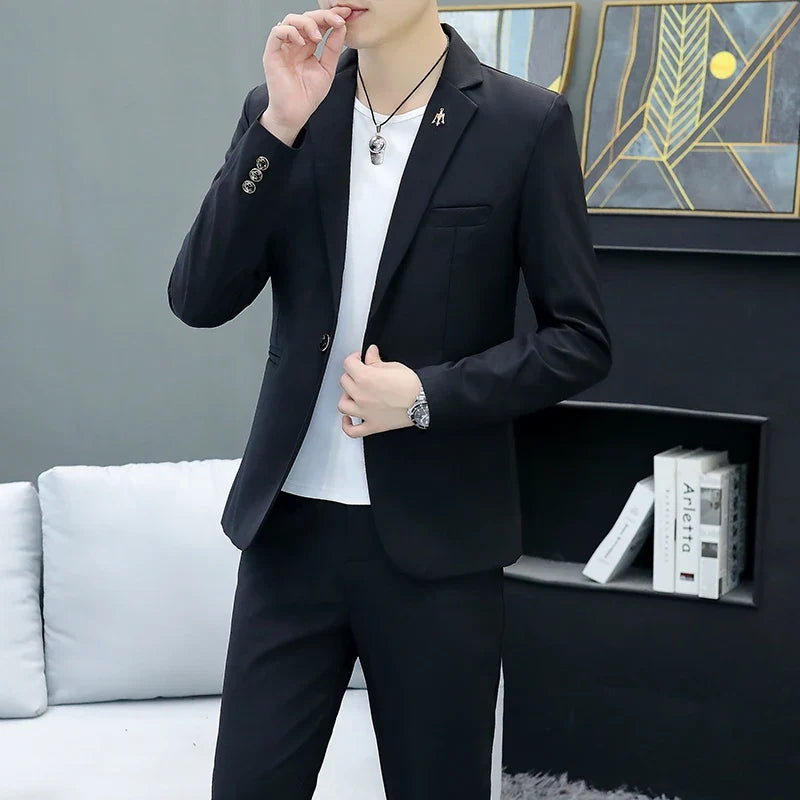 Slim Fit Two-Piece Suit Casual Business Style Solid Color Autumn Dress Suit with Trousers Included Stylish Men's Costume
