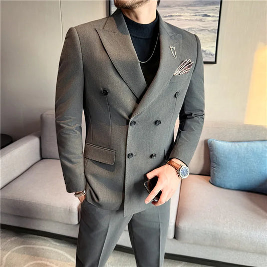 (Jacket + Pants) Fashion Double Breasted Design Slim Men's Suit Italian Style Luxury Wedding Social Party Tuxedo 2 Piece Sets