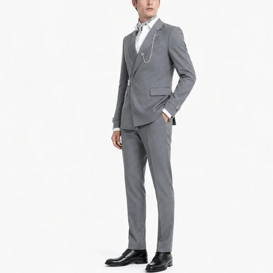 Men Suit Gray 2 Pieces With Lapel Solid For Wedding Groom Party Prom Birthday Banquet Business Work Set Jacket With Pants
