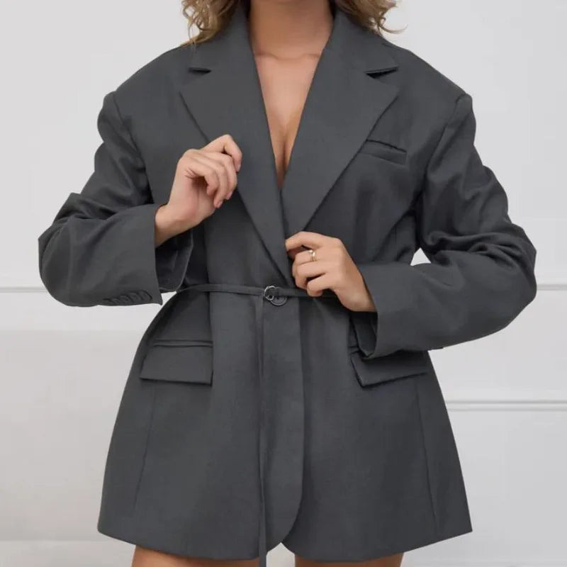 Spring Autumn New Women Blazer Turn-down Collar Long Sleeve Lace-up Waist Cinching Elegant Fashion Office Lady Coat HK16723